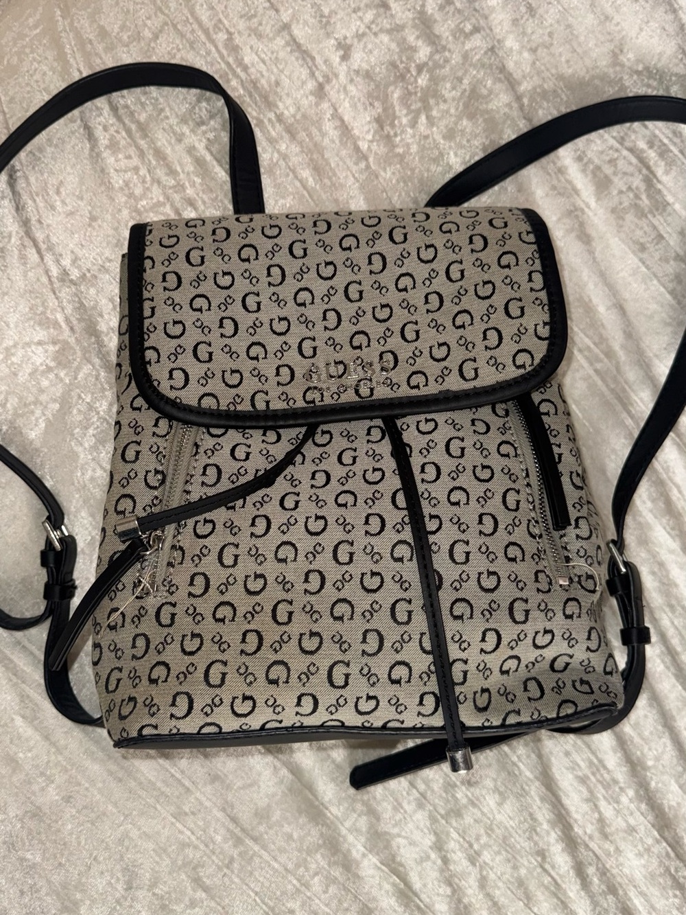 G by Guess Beige Monogram Convertible Backpack with Black Trim